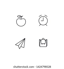 Set of vector school theme icons. Student collection of black pictogram apple, alarm, plane and backpack isolated on white background. Modern design elements for invitation, graduation
