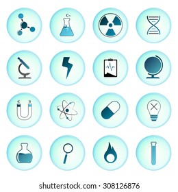 Set of vector science, chemistry icon for design on light blue background