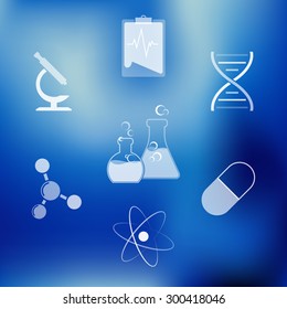Set of vector science, chemistry icons for design on blue background
