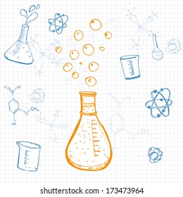 Set of vector science equipment drawn on squared note paper. Sketch style.
