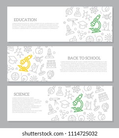 Set of vector science and research horizontal banners with icon pattern. Vector illustration