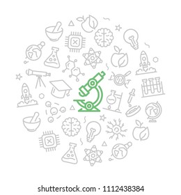 Conjunto de ícones de ciência vetorial e pesquisa no conceito de design de círculo. Ilustração para apresentações sobre fundo branco