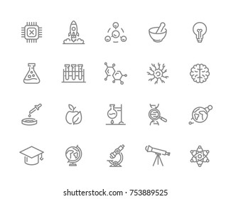 Set of vector science and research line icons. Chip, rocket, atom, ion, lamp, tube, bulb, neuron, brain, dna, molecule, lab, space, microscope, telescope and more.