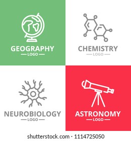 Set of vector science and research logo or insignia, emblems, labels and badge. Vector line style