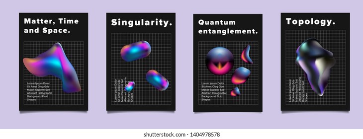 Set of vector sci-fi retrofuturistic posters for science or IT event. Distorted and glitched neon holographic 3d solids of matter on dark background. Geometric oily chromatic shapes.