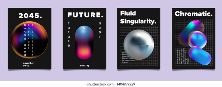 Set of vector sci-fi retrofuturistic posters for science or IT event. Oily neon holographic 3d solids of matter on dark background. 