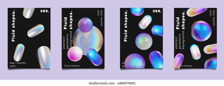 Set of vector sci-fi retrofuturistic posters for science or IT event. Oily neon holographic 3d spheres and capsules of matter on dark background. 