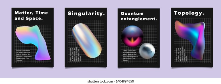 Set of vector sci-fi retrofuturistic posters for science or IT event. Distorted and glitched neon holographic 3d solids of matter on dark background. Geometric oily chromatic fluid shapes.