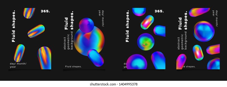 Set of vector sci-fi retrofuturistic posters for science or IT event. Vibrant fluid neon holographic 3d solids of matter on dark background. Geometric oily rainbow chromatic shapes.