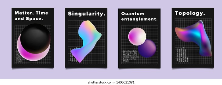 Set of vector sci-fi retrofuturistic posters for science or IT event. Distorted and glitched neon holographic 3d solids of matter on dark background. Geometric oily chromatic fluid shapes.