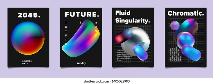 Set of vector sci-fi retrofuturistic posters for science or IT event. Vibrant fluid neon holographic 3d solids of matter on dark background. Geometric oily chromatic rainbow shapes.