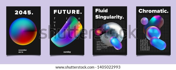 Set\
of vector sci-fi retrofuturistic posters for science or IT event.\
Vibrant fluid neon holographic 3d solids of matter on dark\
background. Geometric oily chromatic rainbow\
shapes.