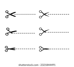 Set of vector scissors with cut lines on white background