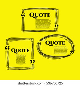 Set of vector scribble hand drawn quote boxes with text isolated. Quote, commas, message, blank, template, bubble