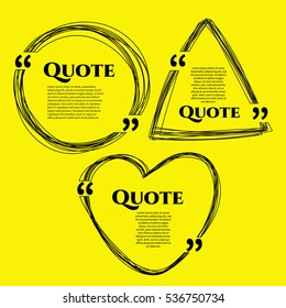 Set of vector scribble hand drawn quote boxes with text isolated. Quote commas, message, blank, template, form