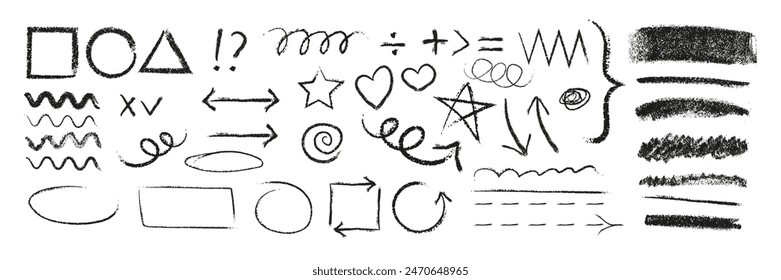 Conjunto de garabatos de Vector con la textura de cera de crayón. Carbón dibujado a mano Elementos de diseño de garabato. Flecha de tiza, subrayado, figuras geométricas.