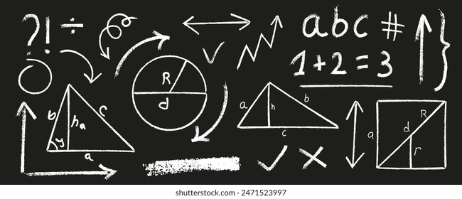 Set of vector scribbles with the texture of wax crayon. Charcoal hand drawn doodle design elements. Chalk arrow, underline, geometric figures.