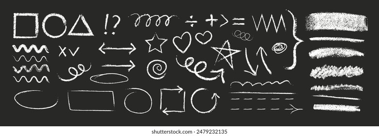 Set of vector scribbles with the texture of wax crayon on black background. Charcoal hand drawn doodle design elements. Chalk arrow, underline, geometric figures.