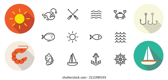 Conjunto de elementos alimentarios del mar vectorial y señales marinas La ilustración puede utilizarse como logotipo o icono en calidad de primera calidad