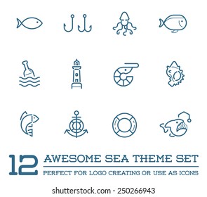 Set Of Vector Sea Food Elements And Sea Signs Illustration Can Be Used As Logo Or Icon In Premium Quality