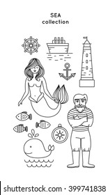Set of vector sea icon. Lighthouse, sailor man and sea landscape in trendy linear style