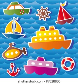 set of vector sea transport stickers