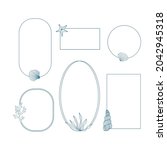 Set of vector sea vintage frames. Borders with shell, starfish, coral, seaweed. Line illustration.