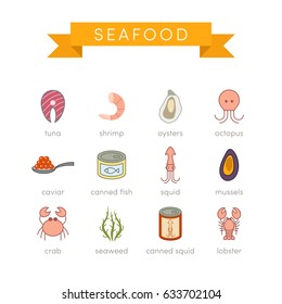 Set of vector seafood icons in flat style