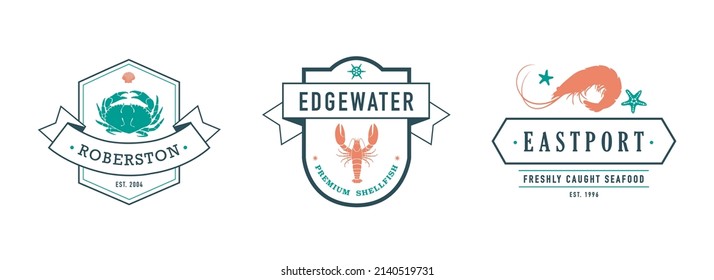 Set of vector seafood logos. Vector illustration fish market and restaurant emblems, shrimp crab lobster silhouettes. Seafood menu, bisto logo.