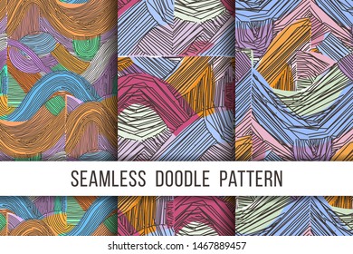 Set of vector seamless abstract pattern, curved lines, grunge boho background. Dynamical rippled surface, hipster curvature