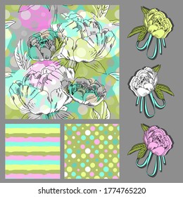 Set of vector seamless abstract pattern with flowers. Seamless pattern with transparency, stains and splashes.