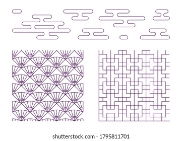 Set of vector seamless abstract patterns, fractal tiles, traditional Japanese ornaments and nice clouds. Isolated objects in Asian style, shoji kumiko. Editable stroke for your comfortable usage