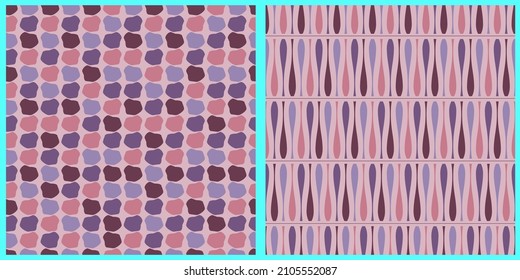 Set of vector seamless abstract patterns. Geometric shapes in pastel purple and pink on an isolated background. 
