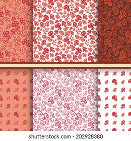 Set of vector seamless autumn patterns with leaves, mushrooms - forest textile background