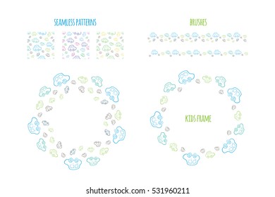 Set of vector seamless baby boy pattern. Pattern, circle wreath and brushes borders with hand drawn cars. Elements for design kids banner, flyer, background, wallpaper, card and others.