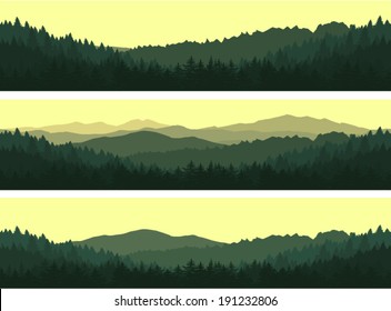 Set of vector seamless background. Green Mountain landscape in the summer evening.