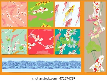 Set vector seamless background lotus and fish.
