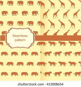 set vector seamless backgrounds with animals - elephants, giraffes, rhinos, tigers
