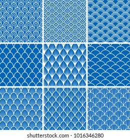 Set of vector seamless backgrounds from fish scales in blue and white. A collection of designs of infinite patterns with an oval, angular, triangular scales for design and decoration in sea style