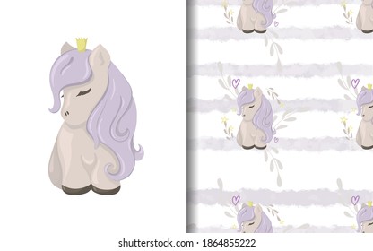 Set of vector seamless backgrounds and illustrations with ponies. Vector baby illustrations in cartoon hand drawn style for printing on clothes, interior design, packaging, printing.