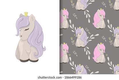 Set of vector seamless backgrounds and illustrations with ponies. Vector baby illustrations in cartoon hand drawn style for printing on clothes, interior design, packaging, printing.