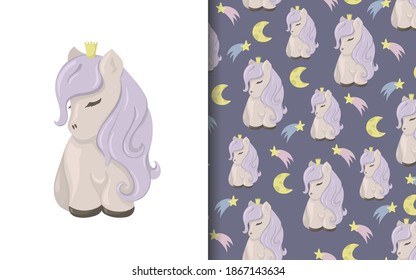 Set of vector seamless backgrounds and illustrations with ponies. Vector baby illustrations in cartoon hand drawn style for printing on clothes, interior design, packaging, printing.