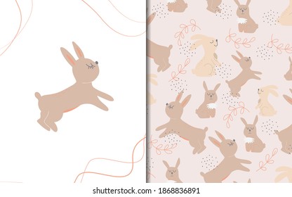 Set of vector seamless backgrounds and illustrations with hare. Vector baby illustrations in cartoon hand drawn style for printing on clothes, interior design, packaging, printing.
