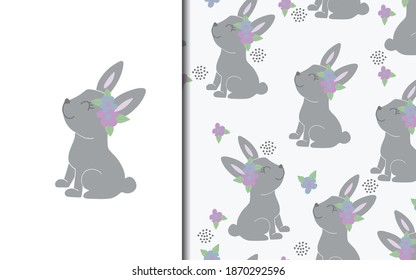 Set of vector seamless backgrounds and illustrations with hare. Vector baby illustrations in cartoon hand drawn style for printing on clothes, interior design, packaging, printing.