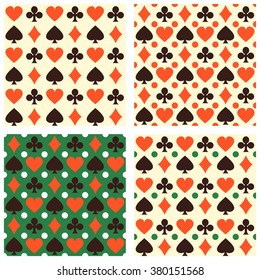 Set of vector seamless backgrounds with playing cards symbols.  Endless texture can be used for pattern fills, casino design, web page background, surface and textile textures