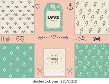 Set of vector seamless backgrounds and scrapbook elements