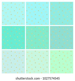 Set of vector seamless backgrounds with small shiny gold stars. Endless simple patterns in shades of soft fresh mint green and turquoise. For printing on textiles, paper, website decoration