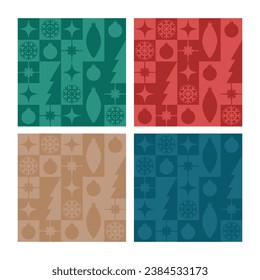 Set of vector seamless backgrounds with winter holiday symbols. Geometric pattern with flat tile icon ornament. Merry Christmas and New Year designs template. Fabric texture print