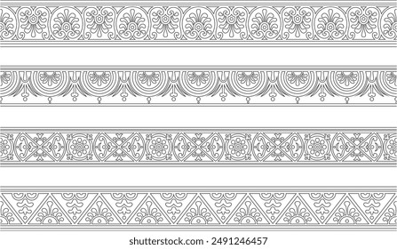 Set of Vector seamless black contour border, Pompeii frame. Endless Neopolitan ornament. Art of Ancient Rome. Template for stained glass.
