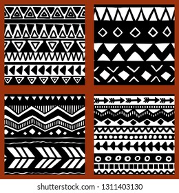 Set of vector seamless black and white illustrations. Ethnic hand drawn pattern for wallpaper,fabric, textile